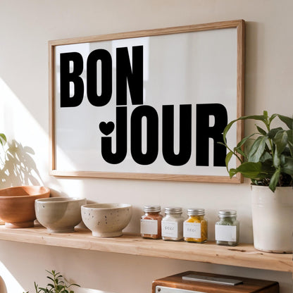 Bonjour | Hello French Print | Black and White Decor | Digital Download